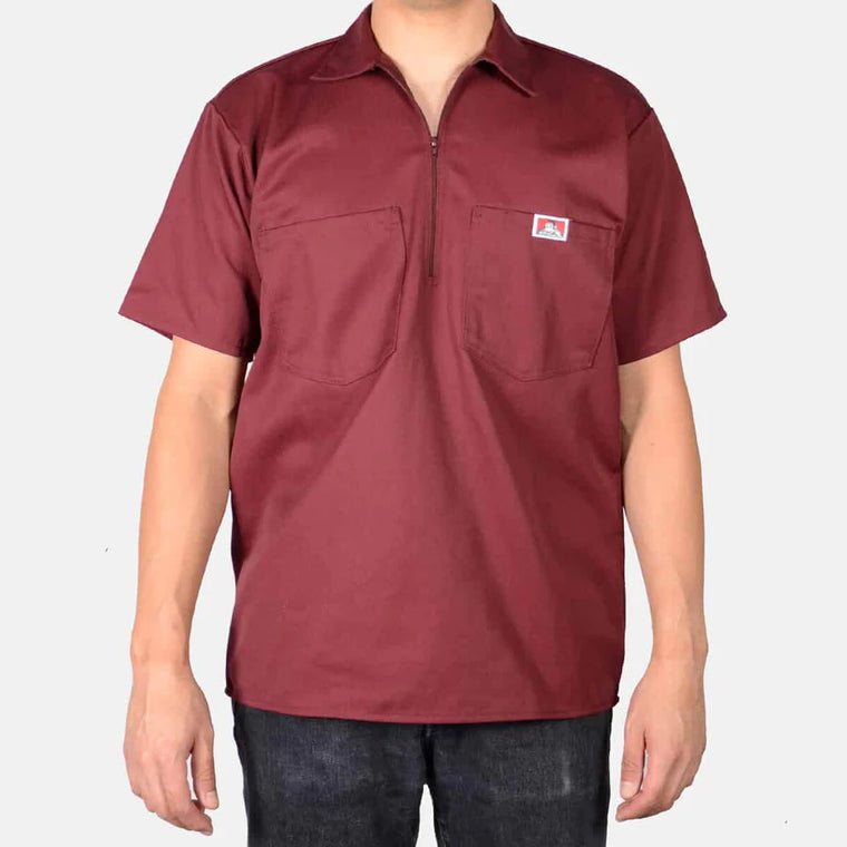 Short Sleeve Solid 1/2 Zip Shirt -BURGANDY