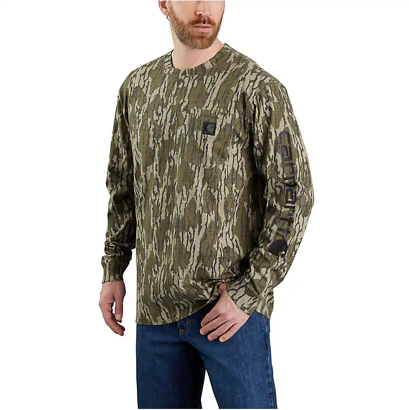 Loose Fit Heavyweight Long-Sleeve Pocket Camo Logo Graphic T-Shirt