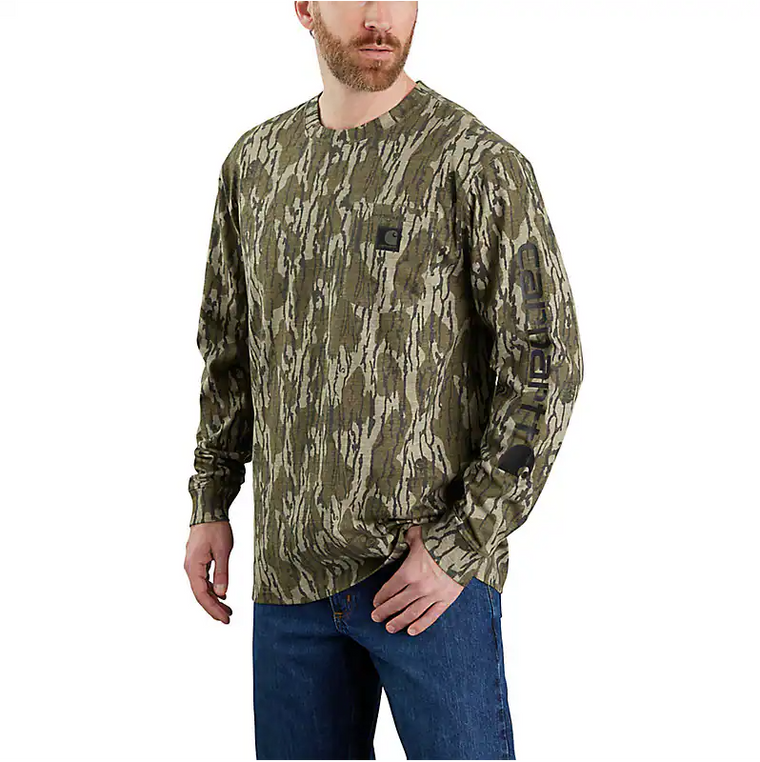Loose Fit Heavyweight Long-Sleeve Pocket Camo Logo Graphic T-Shirt