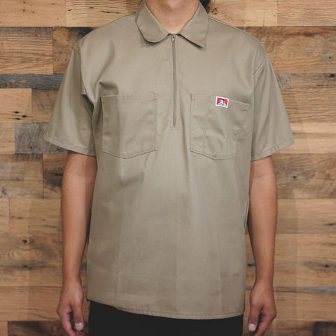 Short Sleeve Solid 1/2 Zip Shirt - KHAKI