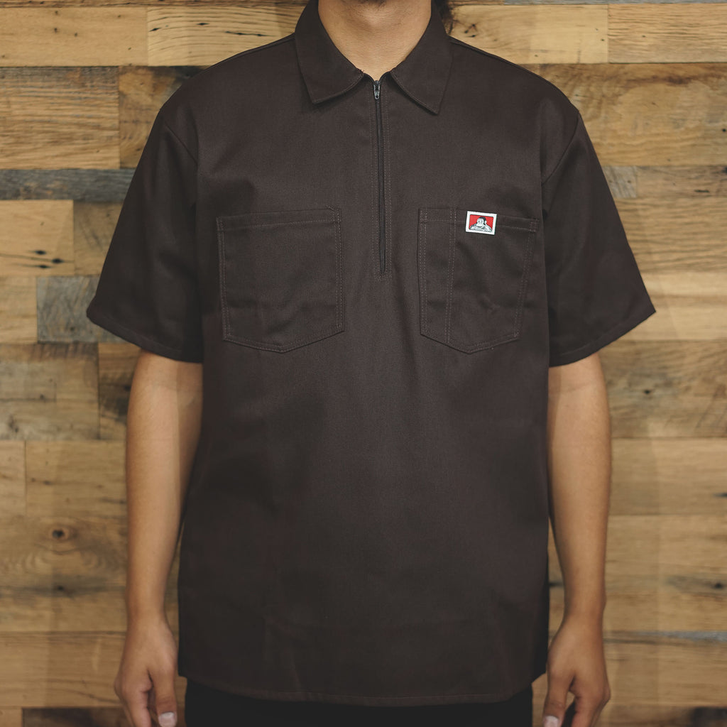 Short Sleeve Solid 1/2 Zip Shirt  - BROWN