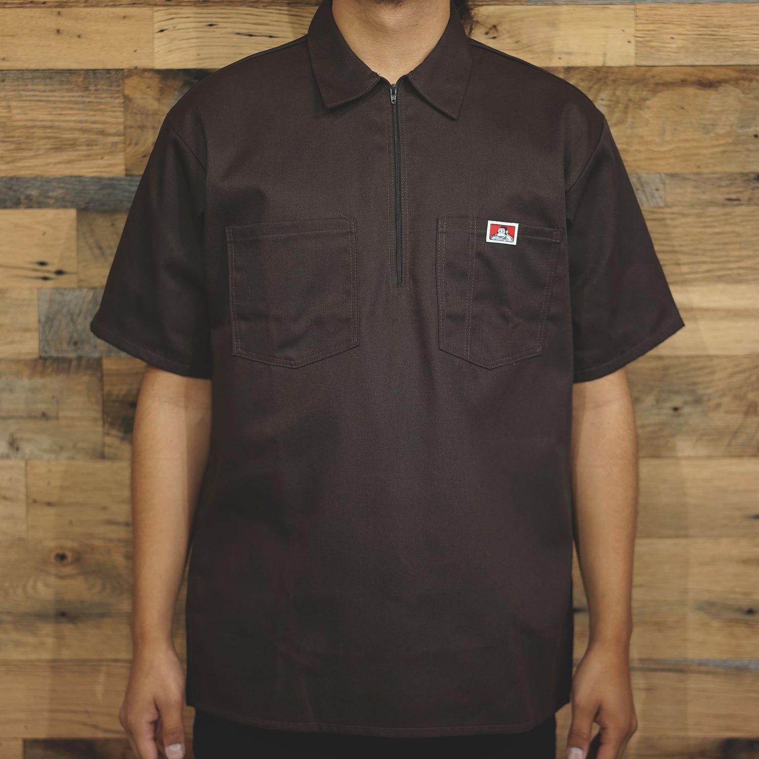 Short Sleeve Solid 1/2 Zip Shirt  - BROWN